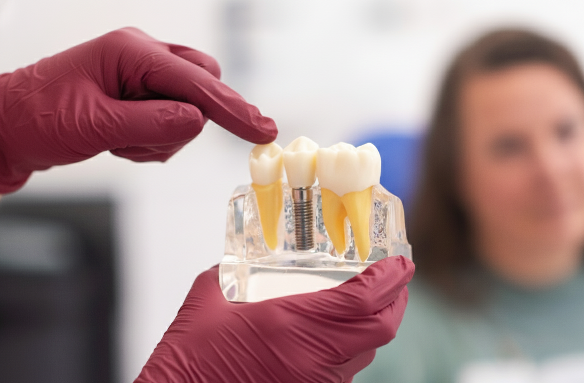 Zdjęcie osoby w czerwonych rękawiczkach w kolorze MGDent wskazującej na implanty dentystyczne.